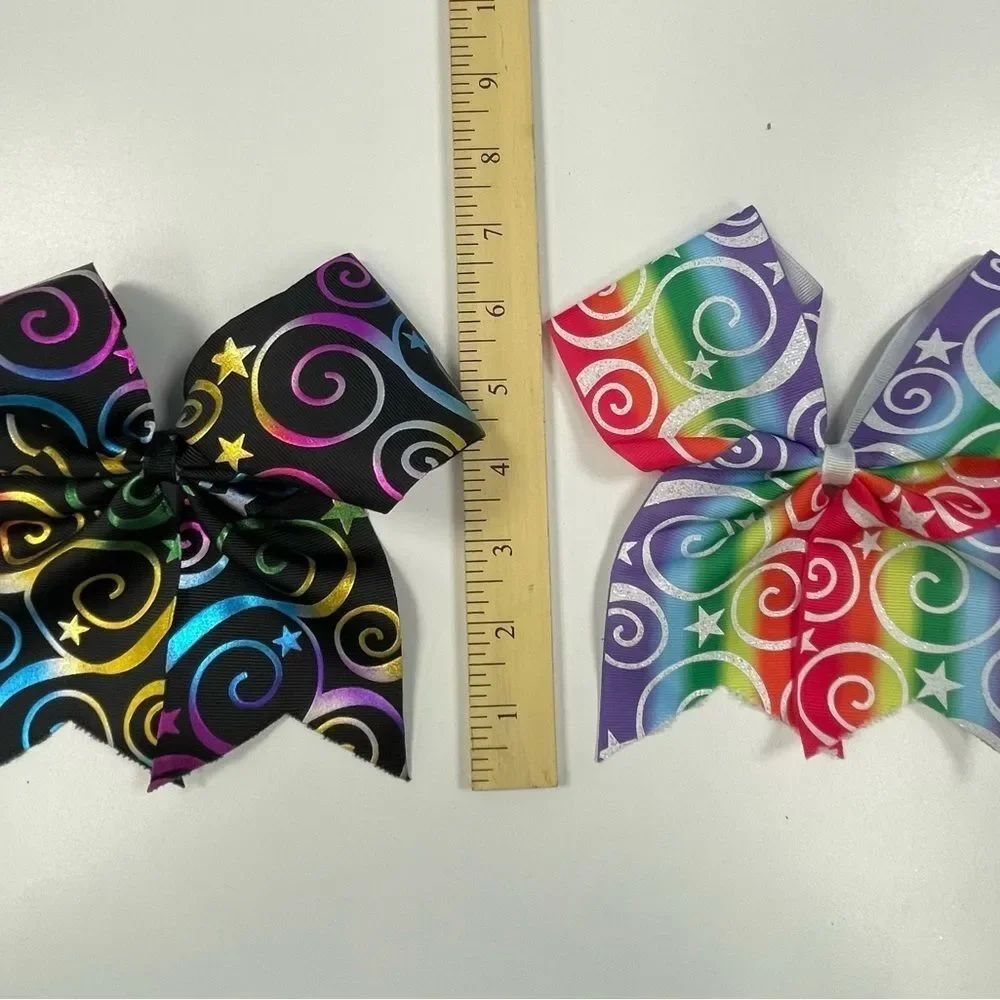 Cheer Hair Bows Set of 2 Elastic Band Rainbow Swirl Metallic Girl's Size Large